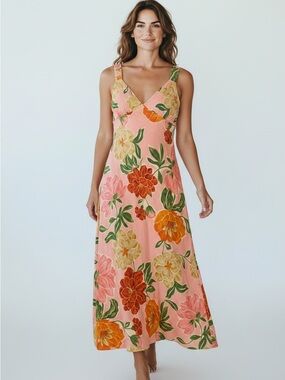 Paper Heart Floral Pink V-Neck Maxi Dress